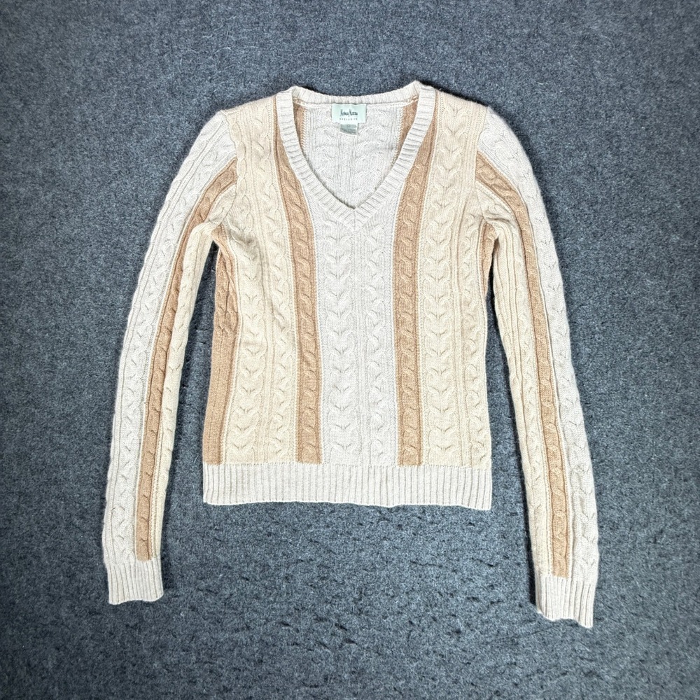 Neiman Marcus Womens 100% Cashmere Cable Knit V-Neck Sweater Tan Cream M
